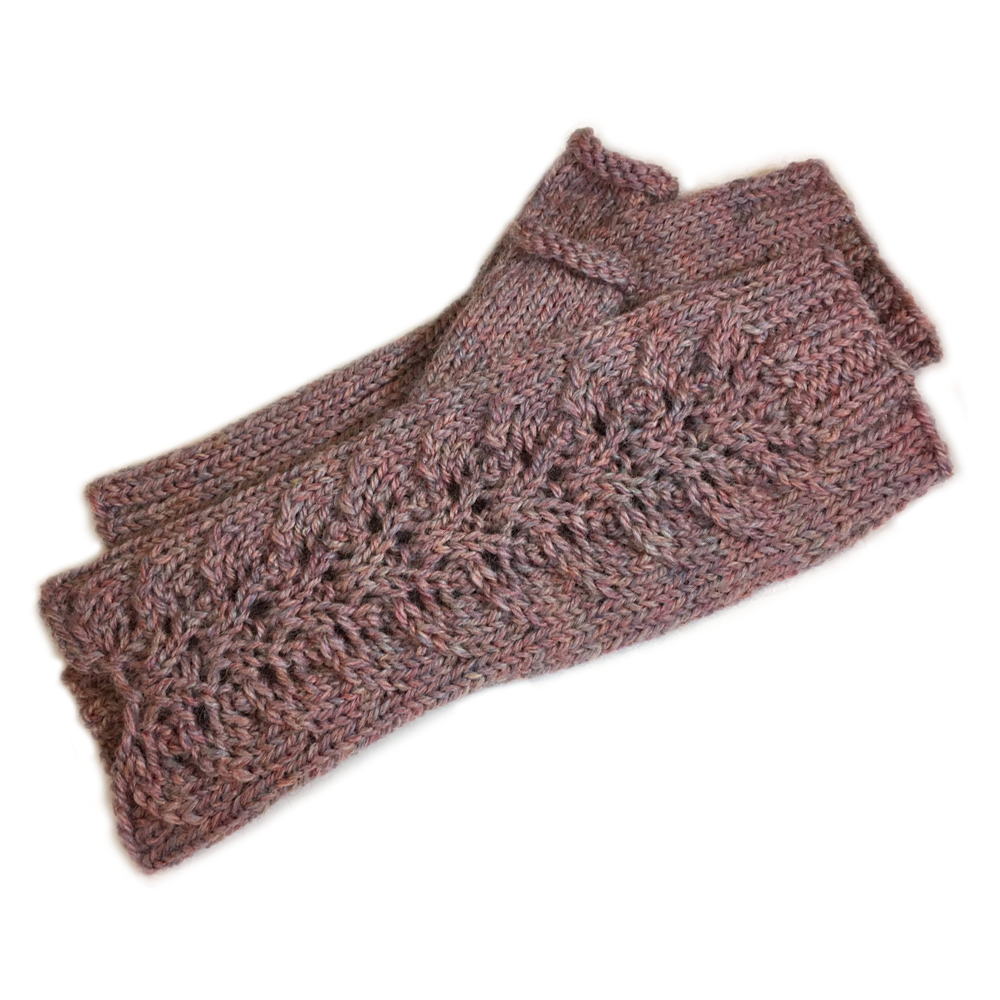 Hand-knit leaf-patterned lace fingerless gloves. Fall 2017. Twin Leaf Gloves - HexeKnits.com